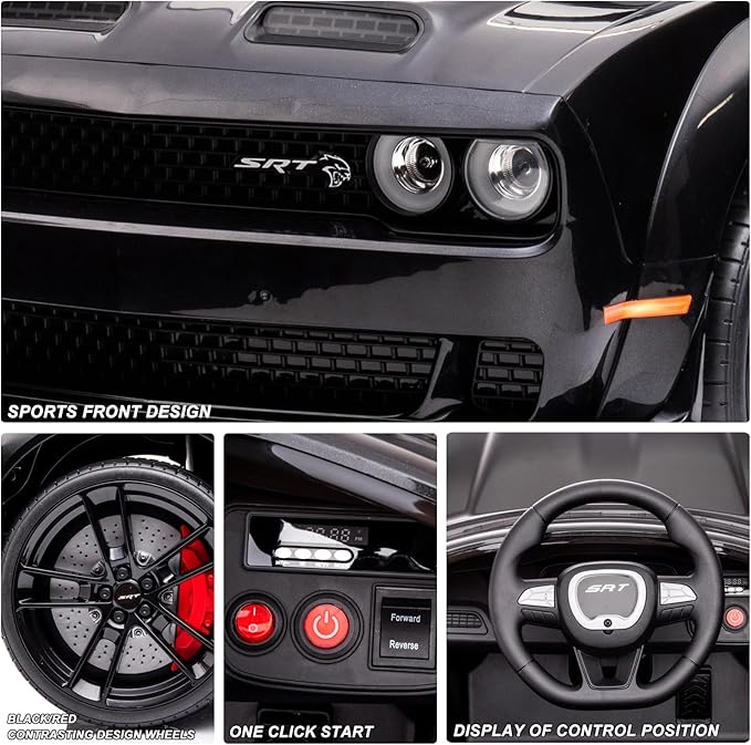 Kids Electric Car | Licensed Dodge Challenger Ride-On 12V Battery-Powered Vehicle with Remote, LED Lights, Bluetooth, MP3 for Boys and Girls, Black