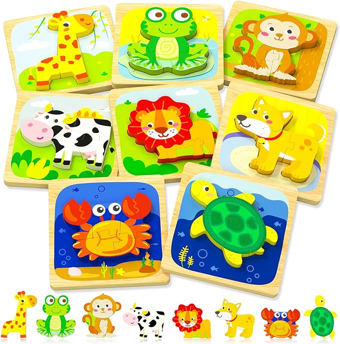 Benresive Wooden Toddler Puzzles Ages 1-3, Montessori Toys for 1 2 3 Year Old Boys Girls, 8 Pack Animal Toddler Toys Gifts for 1 2 3 Year Old Boys Girls, Learning Educational Preschool Puzzles