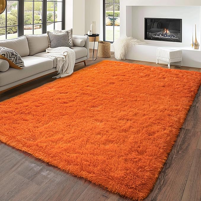 Super Fluffy Rug for Bedroom, 6x9 Feet, Modern Shag Orange Area Rugs, Soft and Cozy Plush Large Carpet for Kids, Girls Boys and Teens Decorations for Living Room Dorm Nursery Classroom