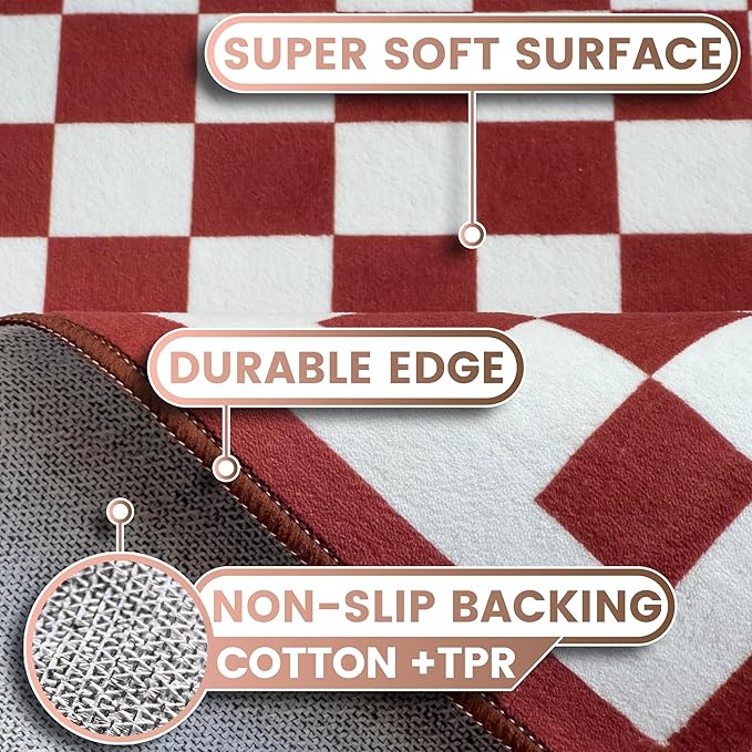 Washable 4x6 Checkered Area Rug for Living Room, Dark Red Checkerboard Modern Boho Large Rugs, Ultra Thin Low Pile Lightweight Indoor Carpet with Non-Slip Backing for Bedroom Kids Nursery Play Room
