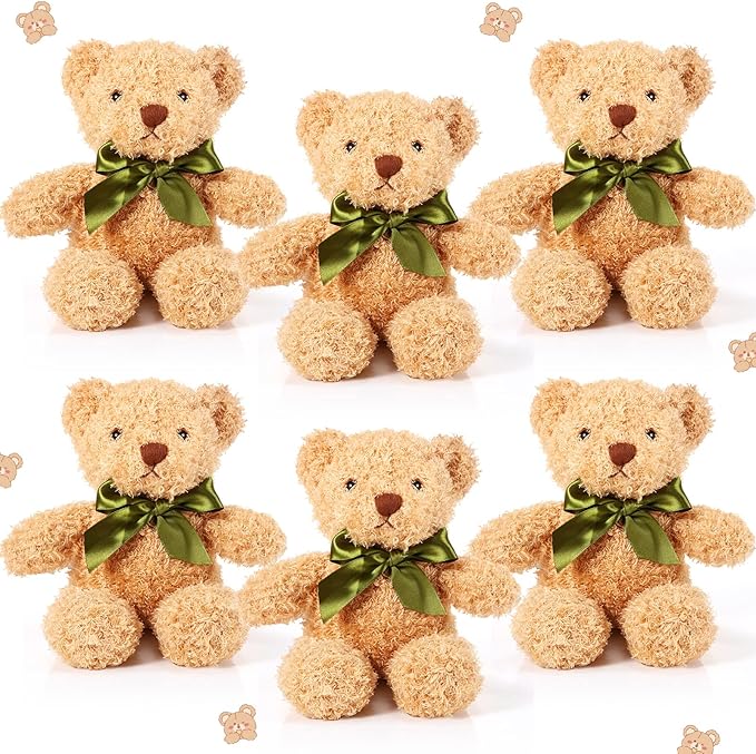 HyDren 6 Pcs Bear Stuffed Animal Plush Toys Soft Plush Dolls Bear Sleeping and Playing Toys for Baby Shower Decoration Boy(Fuzzy Style,Brown)