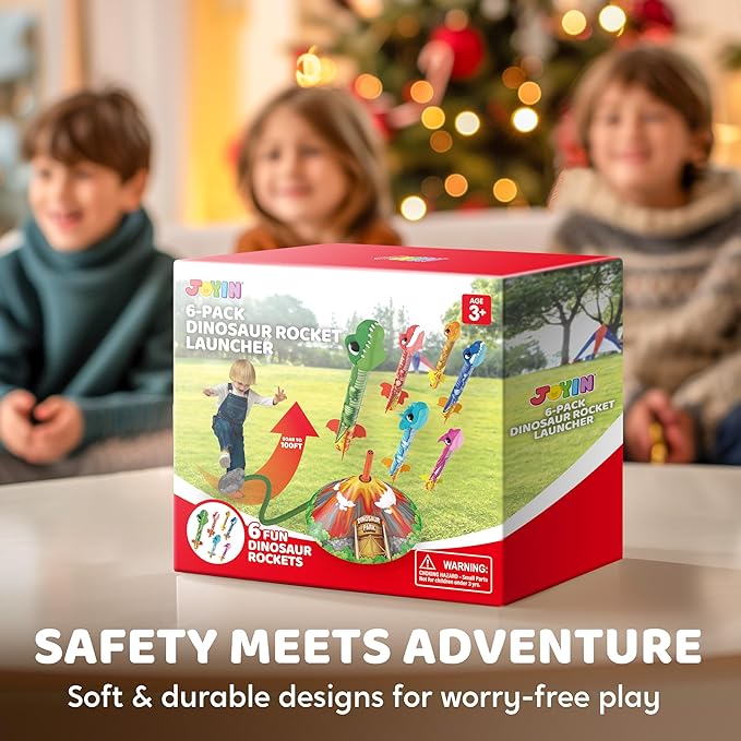 JOYIN Dinosaur Toy Rocket Launcher for Kids, 6 Dinosaur Foam Rockets, Launch up to 100 ft, Family Fun, Birthdays, Gift for Kids Boys 3 4 5 6 7 8 Years Old