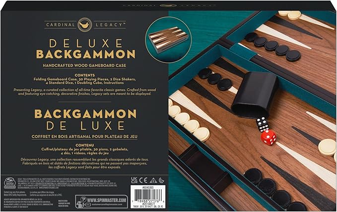Spin Master Games Legacy Deluxe Wooden Backgammon Classic 2-Player Original Board Game Set with Cups and Dice, for Kids and Adults Aged 8 and up