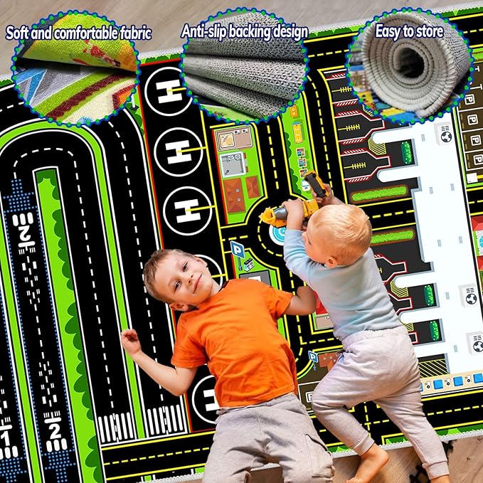 Kids Car Rug Carpet Playmat for Play Toy Cars, Airplane Road Airport Parking Track Rugs Carpet for Playroom Nursery Classroom Kids Room, Car Rug Play Floor Mat Great Gift for Boy Girl 4x6ft