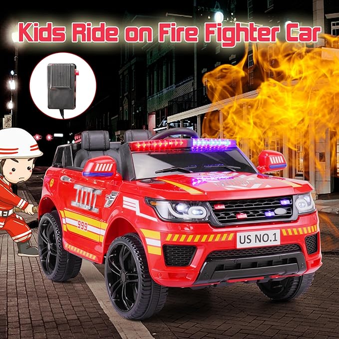 Fire Truck Ride on Toys TOBBI 12V Fire Engine Giant Firetrucks Firefighter Fireman Ride On Car with Remote Control, Siren-Call, Walkie-Talkies, Bluetooth for Toddlers, Red