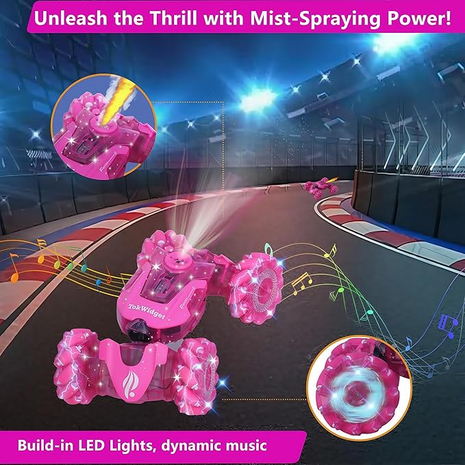 Pink Remote Control Car for Girls, Gesture Sensing Stunt Remote Control with Light & Music, 4WD 360° Rotating, 2.4Ghz RC Car, Birthday Gift for Kids Age 3-12 & 4-10 Best Gift for Girls