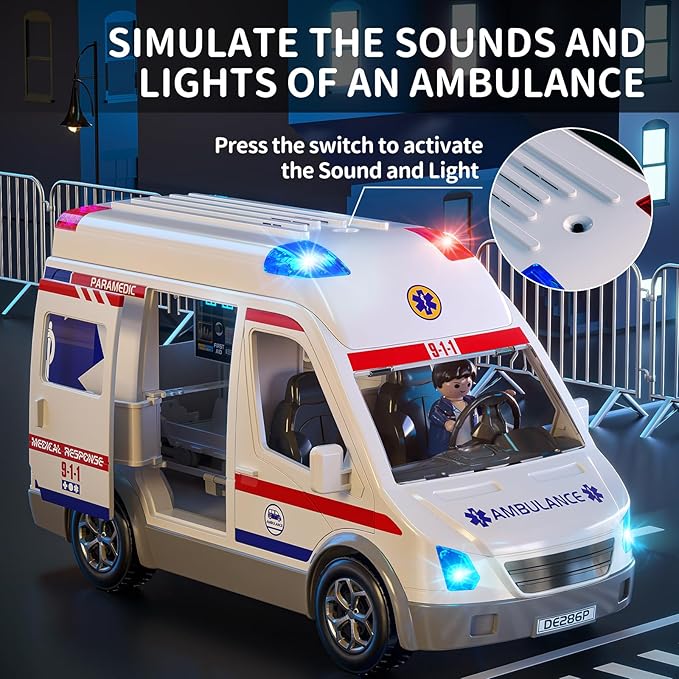 TEMI Ambulance Toy for Kids 3 4 5 6 7 8 Years Old Friction Powered Truck with Light and Sound Emergency Vehicle Toy for Boys Girls Gifts for Age 3-12 Boys Girls