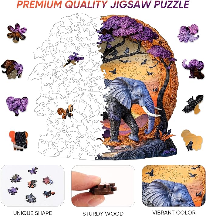 Wooden Puzzle for Adults 200 Pcs, 3D Vision Effect Elephant Forest Puzzle Unique Shape Advanced Jigsaw Puzzle, Challenge Wooden Jigsaw Puzzle for Family Game (11.2 x 10.9 in)