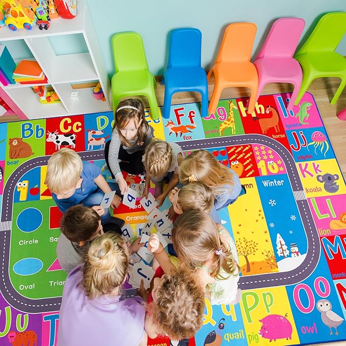 HOMORE Kids Educational Rug, 5x7 Kids Collection Area Rug for Learning Alphabet, Numbers, Colors, Season and Animal Words, Playmat for Classroom Playroom