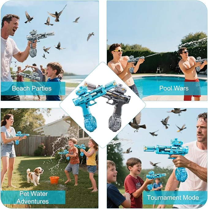 Electric Water Gun for Adults Kids, 2 Pack Automatic Squirt Watergun Pistol with Led Lights, Summer Outdoor Pool Beach Party Toys, Black and Blue