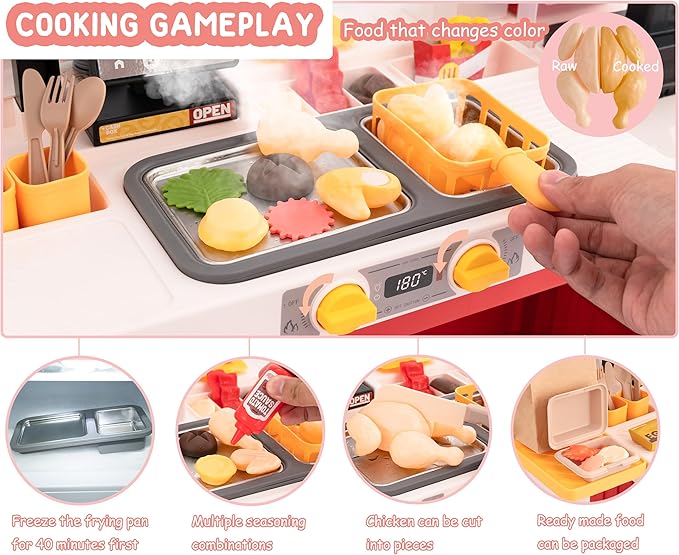 Kids Interactive Kitchen Play Set With 82 Toys, Realistic Sound Effects, and Simulated Functionality - Suitable for Toddlers (Red)
