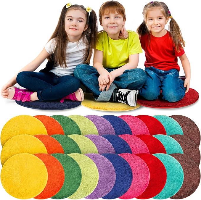 Children's Mats 18 Inch Kids Carpet Circle Seats Multi Color Rug Mats Round Soft Warm Floor Cushions for Classroom Library Group Activity Spot Marker Play Areas(30 Pieces)