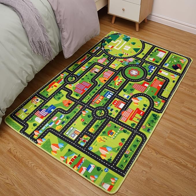 Kids Rug 3x5 City Play Mat Non Slip Exercise Mat Baby Fun Rug Carpet for Kids Toddler City Traffic Road Map Ultra-Soft Educational Kids Street Carpet Mat for Bedroom Playroom Nursery Black