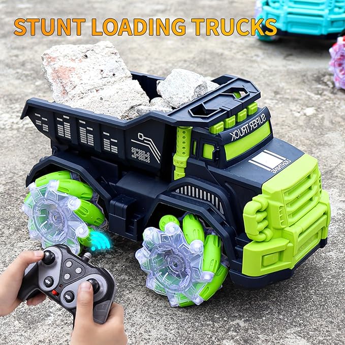 Remote Control Dump Truck,RC Stunt Car with Light & Music,RC Cars Gifts for Boys,Toy Cars for Kids 4 5 6 7 8 9 10 11 12 Yr Birthday Christmas(2 Batteries)