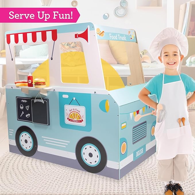 Food Truck Wooden Playset- 20 Fun Toy Pieces Including Cook Top, Steering Wheel, Sticker Sheet for Kids Name - Includes Food Tray, Pizza Slices & More, Dual Sided Play Stand for Indoor Fun Activity