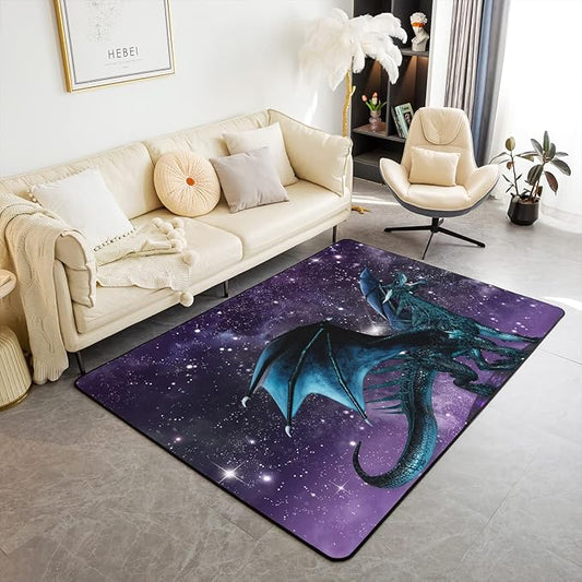 Erosebridal Dragon Rug, Purple Nebula Area Rug 4x5, Mysterious Outer Space Trippy Carpet for Kids Boys Girls Teens, Safari Wildlife Animals Non Slip Decorative Rug for Bedroom