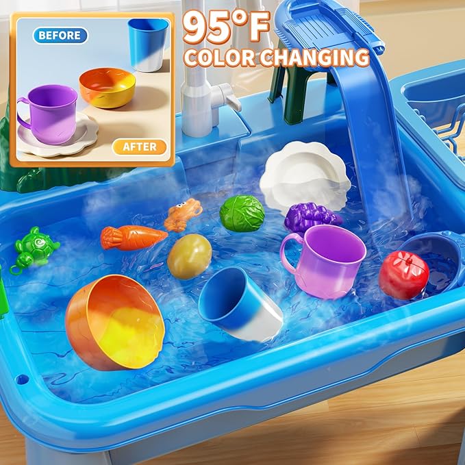 Water Table Play Sink Toy for Kids 2 3 4 5 6 Years Old - Outdoor Kitchen with Running Water, Fishing Games, Toddler Water Play Table for Kids Ages 3-8, Beach Outdoor Toys, Summer Gifts