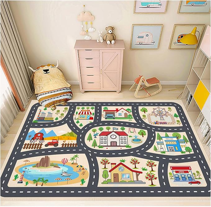 Kids Car Rug Play Mat Carprt for Playroom Classroom, largr Educational Area Rugs with Non-Slip Backing, City Life Play Carpet for Playing Cars Toys Ideal Gift for Children Boy Girl 2.6x3.9ft
