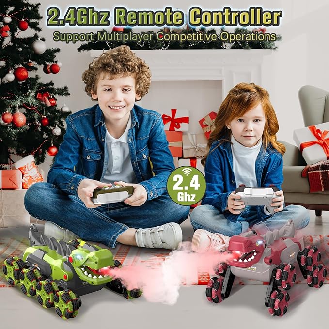 Dinosaur Remote Control Car - 8WD RC Toys for 4 5 6 7 8 Year Old Boys, 2.4Ghz RC Transform Stunt Monster Car with 360°Rotating/Spray/Roar, Birthday Xmas Gifts for Kids Age 4-6 5-7 8-12