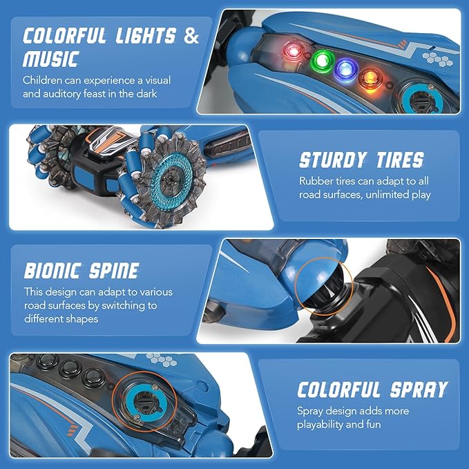 Remote Control Car, 4WD Gesture Sensing RC Stunt Car for Kids with Light & Music, 2.4Ghz 360°Rotation RC Toy with Spray, Hand R/C Speedcar for Boys Girls Age 6 7 8 9 10 Year Old Blue