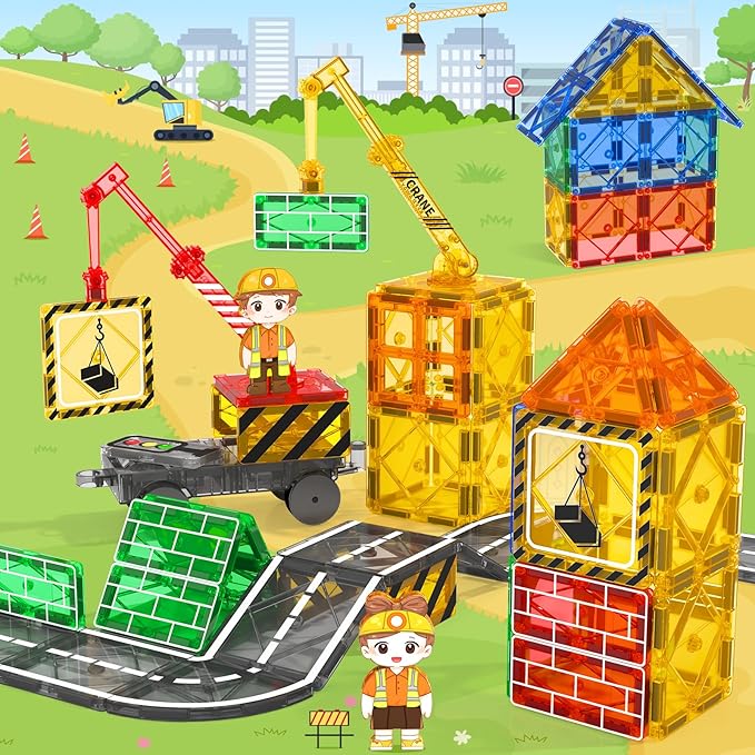 Kids Games Magnetic Tiles with 2 Cranes Construction Toys Set Sensory Toys for Boys Girls Ages 3-6 5-7 8-13, Gifts for 3+ Year Old Boys Girls Toddler Outdoor Kids Toys with Car