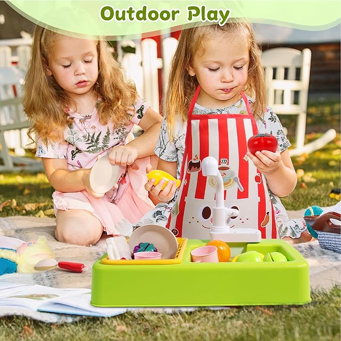 Play Sink with Running Water, Toddler Sink Toy with Running Water Kitchen Sink Toys with Apron Water Toys for Toddlers 1-3 Girls Kids Sink Children Electric Dishwasher Play House Pretend Role