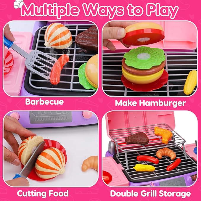 Kids BBQ Grill Playset with Coooking Apron Hat Toddler Girl Pink Kitchen Toy Ages 3-5 4-8 Pretend Smoke Sound Light Outdoor Barbecue Accessories Toy for 3 4 5 Year Old Girl Birthday Gift