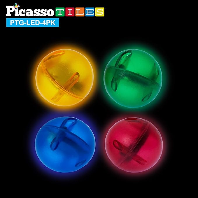 PicassoTiles Motion Activated Marbles 4pc LED Light-Up Glow in The Dark Translucent Balls for Marble Run Race Racetrack Maze Magnetic Construction Magnet Tiles Building Block STEM Education Kids Toys