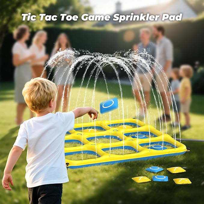 JOSEN Sprinkler for Kids, 60" x 60" Outdoor Water Play Splash Pad with Tic Tac Toe Game for Kids & Adults - Summer Backyard Fun, Giant Sprinkler Water Toy for Family Parties - Yellow