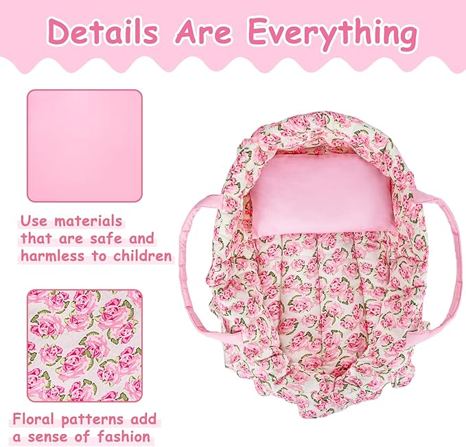 Doll Carry Cot Set, Sweet Dreams Soft Bassinet Doll Carrier Includes 1 Cot and 1 Pillow, Pink Flower Doll Bassinet, Fits for 16 Inch American Girl Dolls
