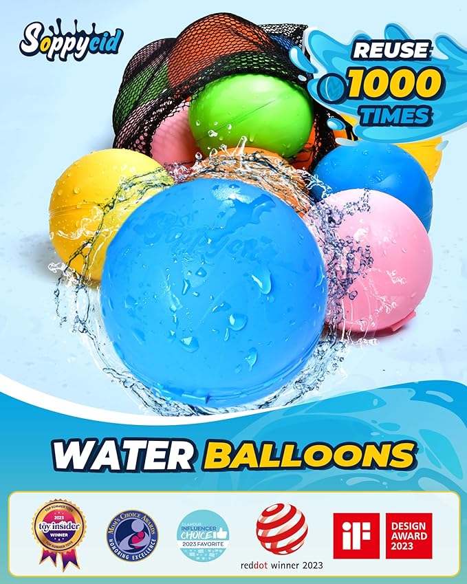SOPPYCID 15 Pcs Water Balloons Reusable Quick Fill - Self Sealing Silicone Water Ball for Kids with Mesh Bag, Summer Fun Water Toys for Outdoor Activities, Summer Party, Water Park, Family Game