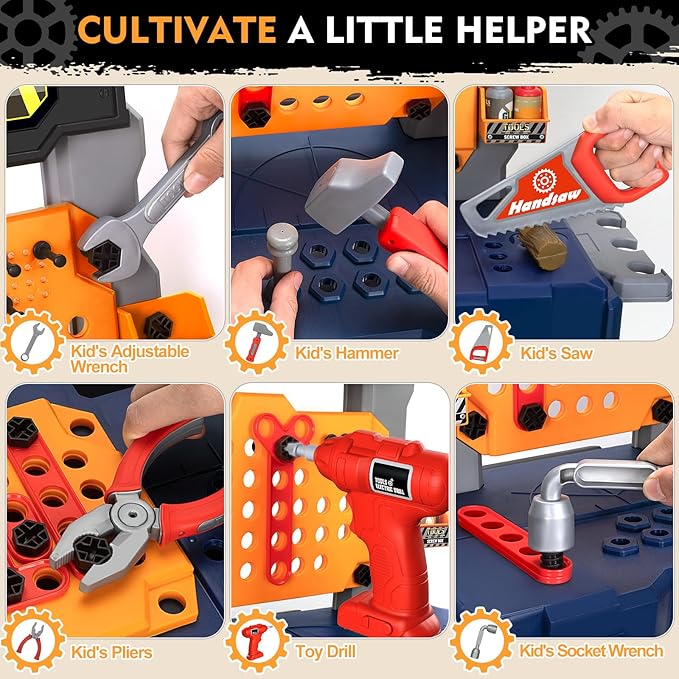 Kids Tool Bench Set with Electric Drill and Chair,Construction Workbench Toys for Toddlers 3-5,Kids Tool Play Set,Multifunctional Transformable Toolbox,Boy Gift for 3 4 5 Years Old