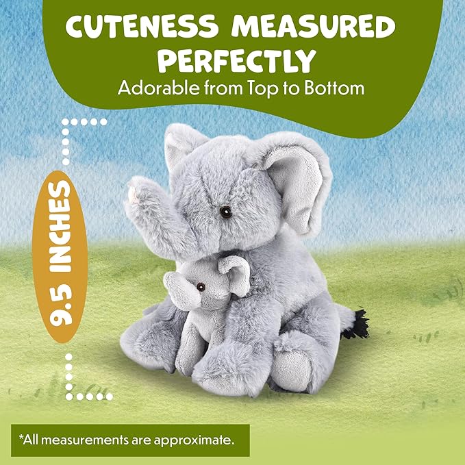 Mom and Baby Stuffed Animals for Boys & Girls, Safari Baby Shower Decorations, Nursery Decor, Zoo Animals for Toddlers, Quality Realistic Toy for Kids, Cute, Soft, Huggable, Squeezable (9.5" Elephant)