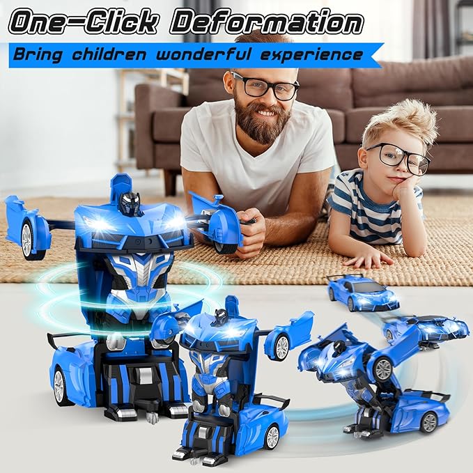 Remote Control Car，Transform Robot RC Cars with Cool LED Headlights, 2.4Ghz Toys Car with 360 Degree Rotation and One-Button Deformation, Christmas Birthday Gifts for Boys Girls(Blue)