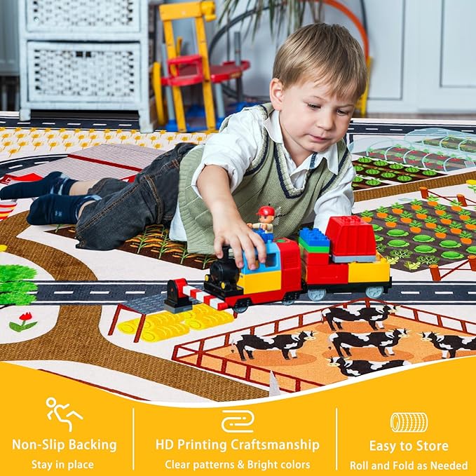 Kids Rug Play Mat for Toy Cars, 59"×78.7" Farm Life Road Traffic for Playroom Kids Car Road Rugs Village Map Play Mat Non-Slip Washable Play Rug for Toddlers Boys Room Family Tummy Time Playtime White
