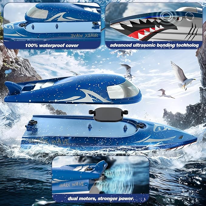 Shark RC Racing Boat for Kids & Adults,2.4GHz High Speed Remote Control Boat W/ Dual Battery 50 Min Runtime,Waterproof,Fast Remote Control Toy Gift Kids 8-12, Ideal for Pools & Lakes,Shining Blue