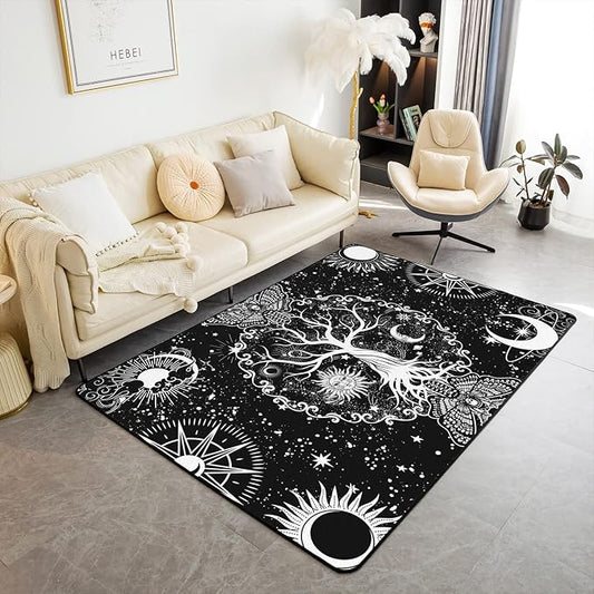 Erosebridal Tree of Life Area Rug 5x7, Sun and Moon Rug, Gothic Moth Trippy Galaxy Stars Non Slip Decorative Rug, Cosmic Celestial Stars Luxury Chic Black White Carpet for Living Room