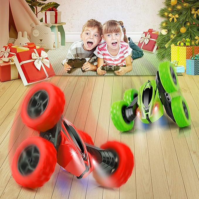Remote Control Car, 2.4GHz Fast Stunt RC Trucks with Headlights, 4WD Double Sided 360 Rotating Off Road RC Crawler Toy Cars for Kids Boys Girls (Red)
