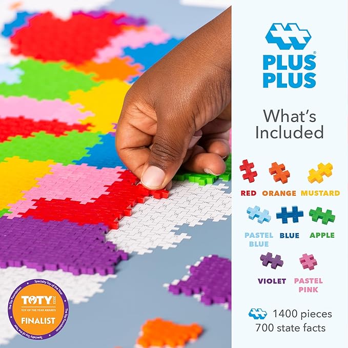 PLUS PLUS - Puzzle by Number - 1,400 Piece Map of The United States - Construction Building Stem/Steam Toy, Interlocking Mini Puzzle Blocks for Kids