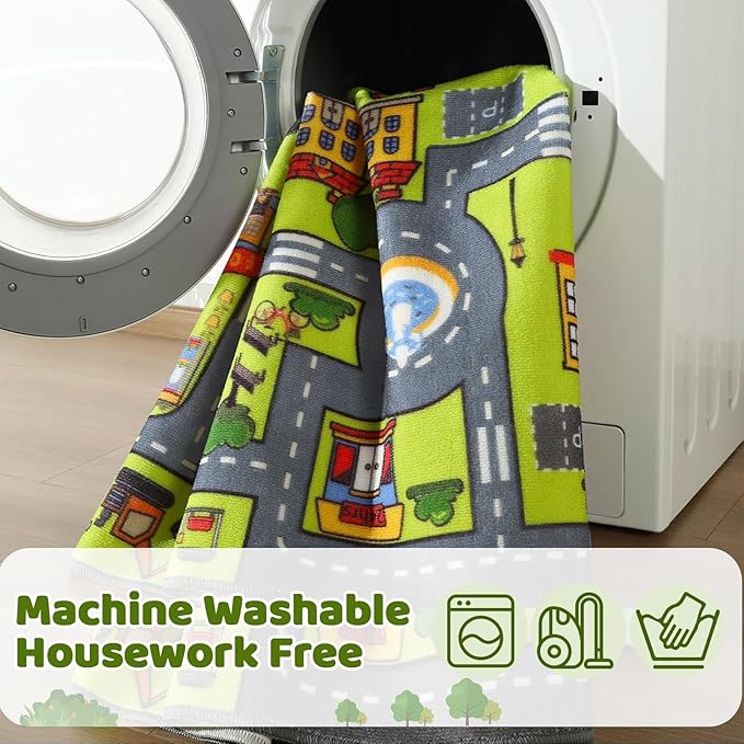 Merelax 3x5 Kids Car Rug Grey Green Area Rugs for Living Room Playroom Classroom Bedroom, Non Slip Kids Play mat Washable Rug, Educational City Traffic Road Map Fun Car Carpet for Ages 3-12