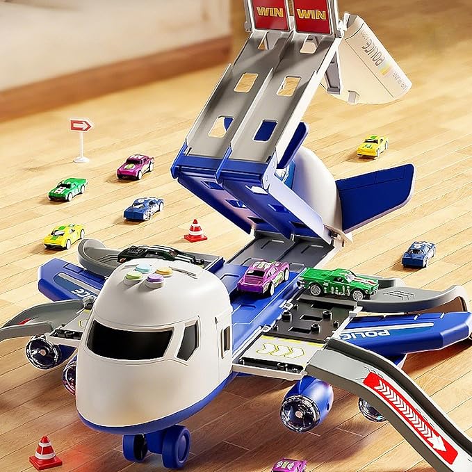 Airplane Toy Race Track Kids Toys, Foldable 4 Layer Toddler Car Track Playset, Toy Plane Transport Car Carrier & 6 Race Cars, Toddlers Toys Birthday Xmas Gifts for Age 3 4 5 6+ Years Old Boys Girls