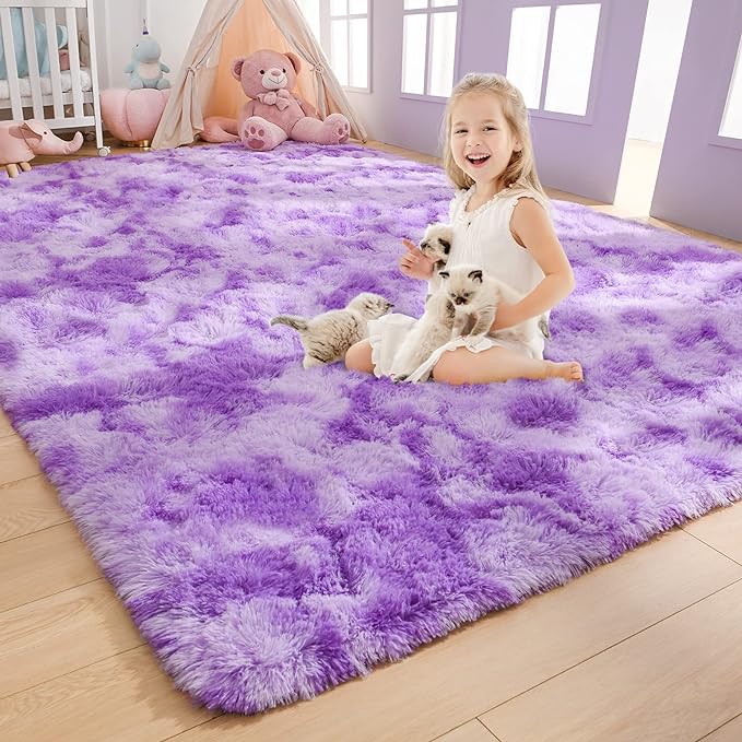 AROGAN Soft Rainbow Area Rugs for Girls Room 4x6 Feet, Fluffy Girls Bedroom Rugs, Princess Rug, Cute Colorful Carpet for Kids Teens Nursery Toddler, Purple