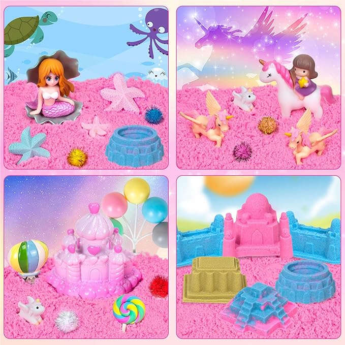 Hymaz Unicorn Sensory bin, Unicorn and Mermaid Play Sand Kit, Sandbox with 2.2lbs Magic Sand, Castle Molds, Ocean Scene Models, Preschool Indoor Birthday Gifts for Boys Girls Age 3 4 5 6 7 8