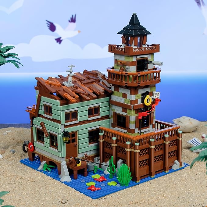 Fishing Village Store House Building Set with LED Light, 1881 PCS Wood Cabin Mini Building Block, STEM Architecture Toys Kit, Birthday Gift for Adults Ages 8-12+ Years（Not Compatible with Set ）