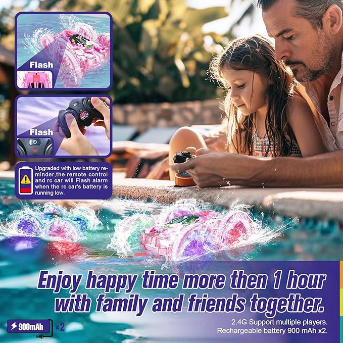 Amphibious Remote Control Car, 4WD Waterproof RC Cars Remote Control Boat Pool Toys for Girls 8-10, Gesture Sensing RC Stunt Car Lake Water Toy for Kids Ages 3 4 5 6 7 8-12 Birthday Gifts, Pink