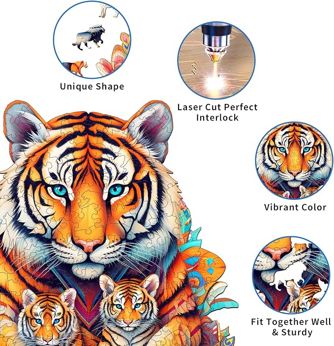 Wooden Puzzles for Adults, Tiger Family (M-190pcs) Wooden Jigsaw Puzzles Kids, 11.2 * 11.8in Unique Shaped Animal Wood Puzzles Adults, Fathers Birthday Family Games