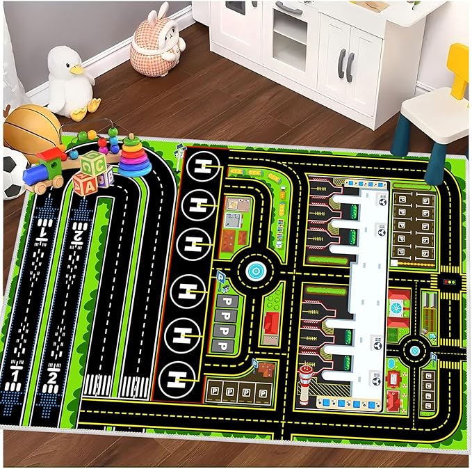 Kids Car Rug Carpet Playmat for Play Toy Cars, Airplane Road Airport Parking Track Rugs Carpet for Playroom Nursery Classroom Kids Room, Car Rug Play Floor Mat Great Gift for Boy Girl 4x6ft