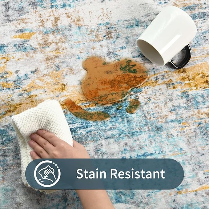 Area Rug 4x6 Blue Rug Washable Boho Rugs Non Slip Low Pile Abstract Small Carpet for Entryway, Bedroom, Kitchen, Classroom, Kids Room, Office, Dorm, Dining Room