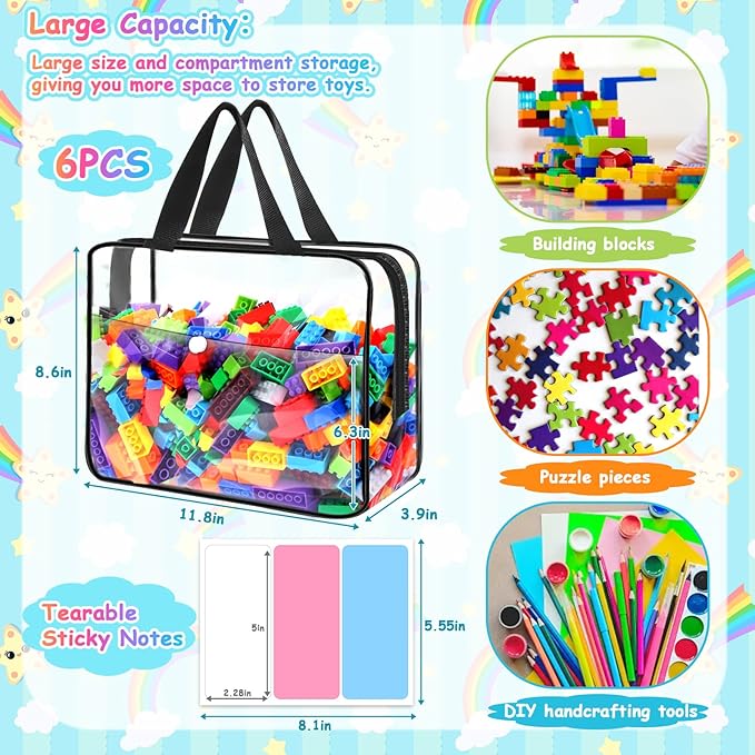 Toy Storage Bags 6 Packs, Kids Toy Storage Organizer with Zipper and Labels, PVC Clear Bags for Board Games, Books, Puzzles, Building Blocks(Large, Black)