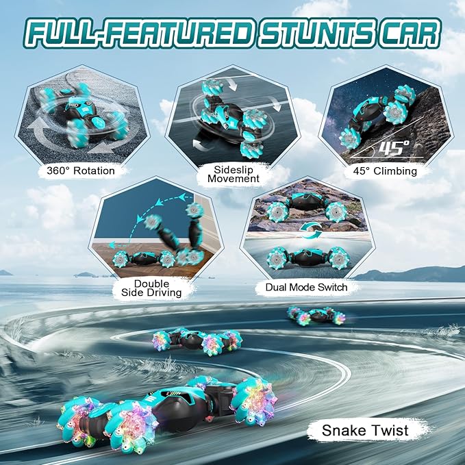 Axirata Gesture Sensing RC Stunt Car with Lights & Music for Kids 6-12 Year Old 4WD 2.4GHz Hand Controlled Remote Control Car 360° Rotation Off-Road Toy Car Gift for Boys Girls